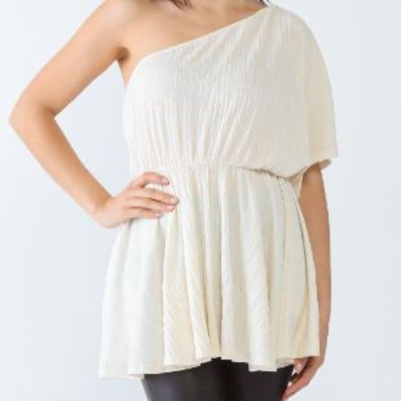 #33 Cream Textured One Shoulder Dolman Sleeve Flare Hem Top - Picture 5 of 5